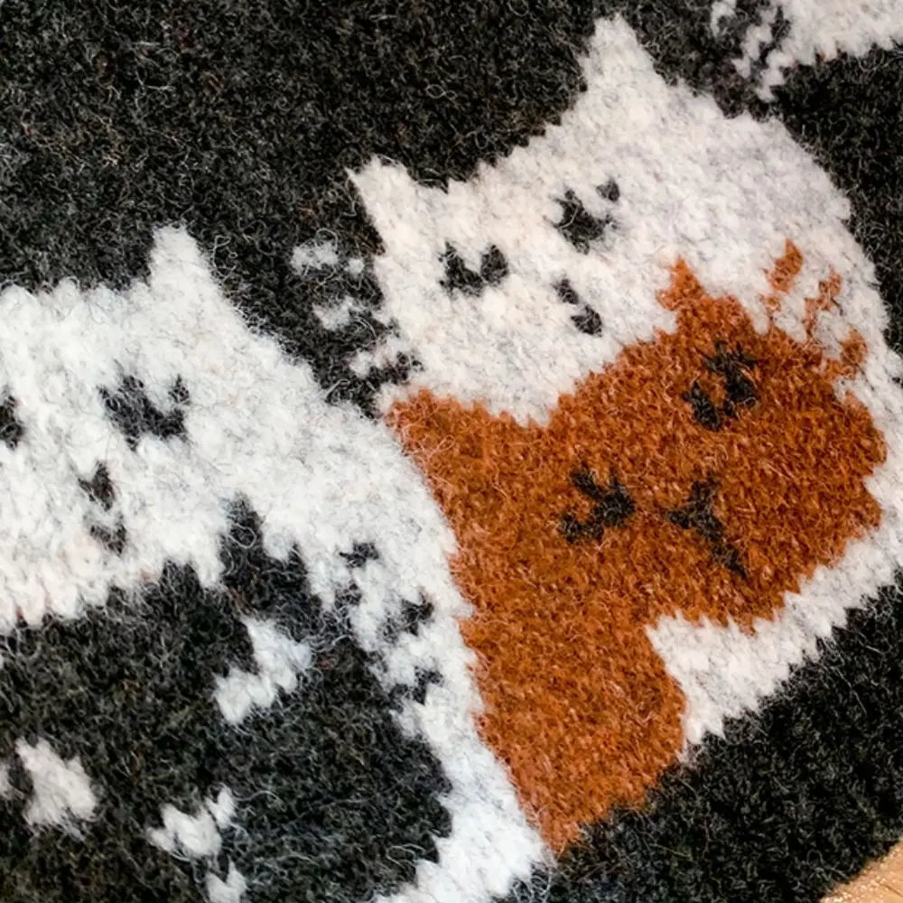 Retro Warme Jacquard-Katzen-Strickmütze mit Fair-Isle-Muster, Retro-Vintage-Druck, Strickmütze für den Herbst – Detail 4