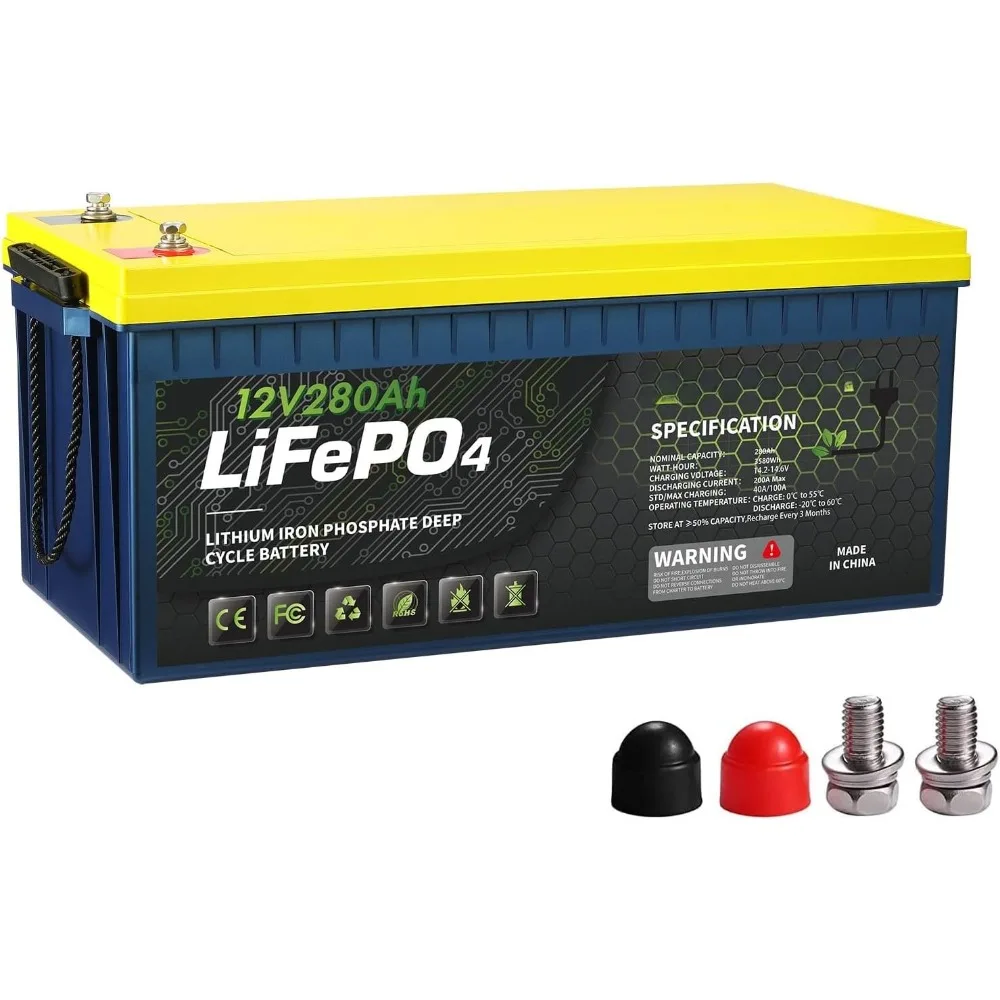 12V 280AH LiFePO4 Lithium Battery with 200A BMS, 3584Wh Deep Cycle Power Supply, Perfect for Solar System, RV, Off Grid