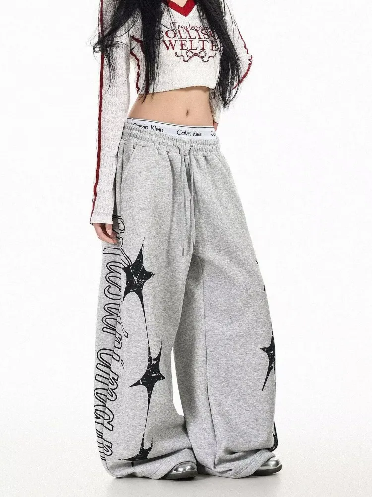 Women's Letter Star Print Retro Casual Pants Hip-hop young Girl Street Wide Legs Sweatpants Female Straight High Waist Trousers