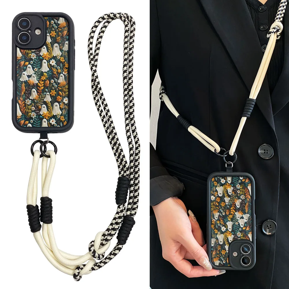 Ypm5Halloween-funda cruzada con cordón fantasma para IPhone16 15 14 13 12 11 17 Pro MAX XS Max XR 7 8 Plus, cubierta de cuerda larga con cadena para muñeca