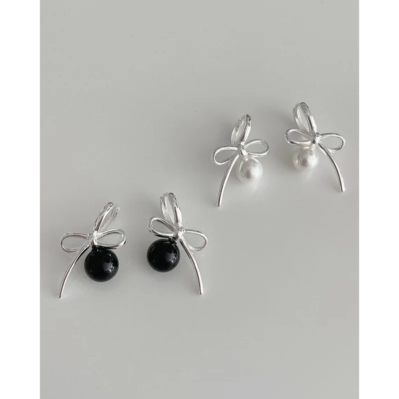 by Weekend South Korea Ornament Overall925Silver insWind Pearl Bow Temperament Wild Earring Ear Clip Women