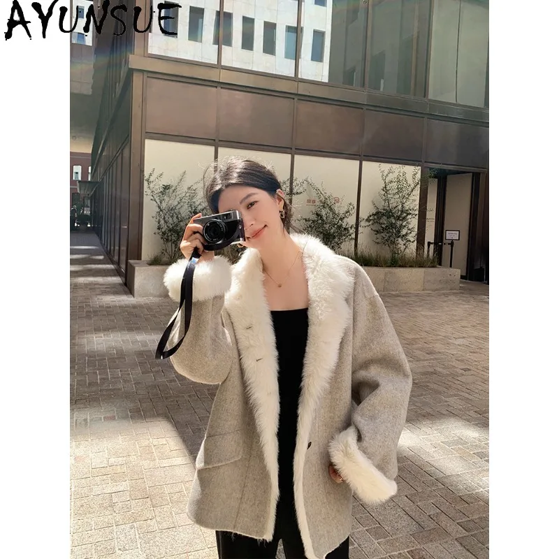 AYUNSUE Double-sided Woolen Coats for Woman Luxury Warm Fur Collar Outerwears Autumn Winter Casual Jacket Woman Clothes Jaqueta