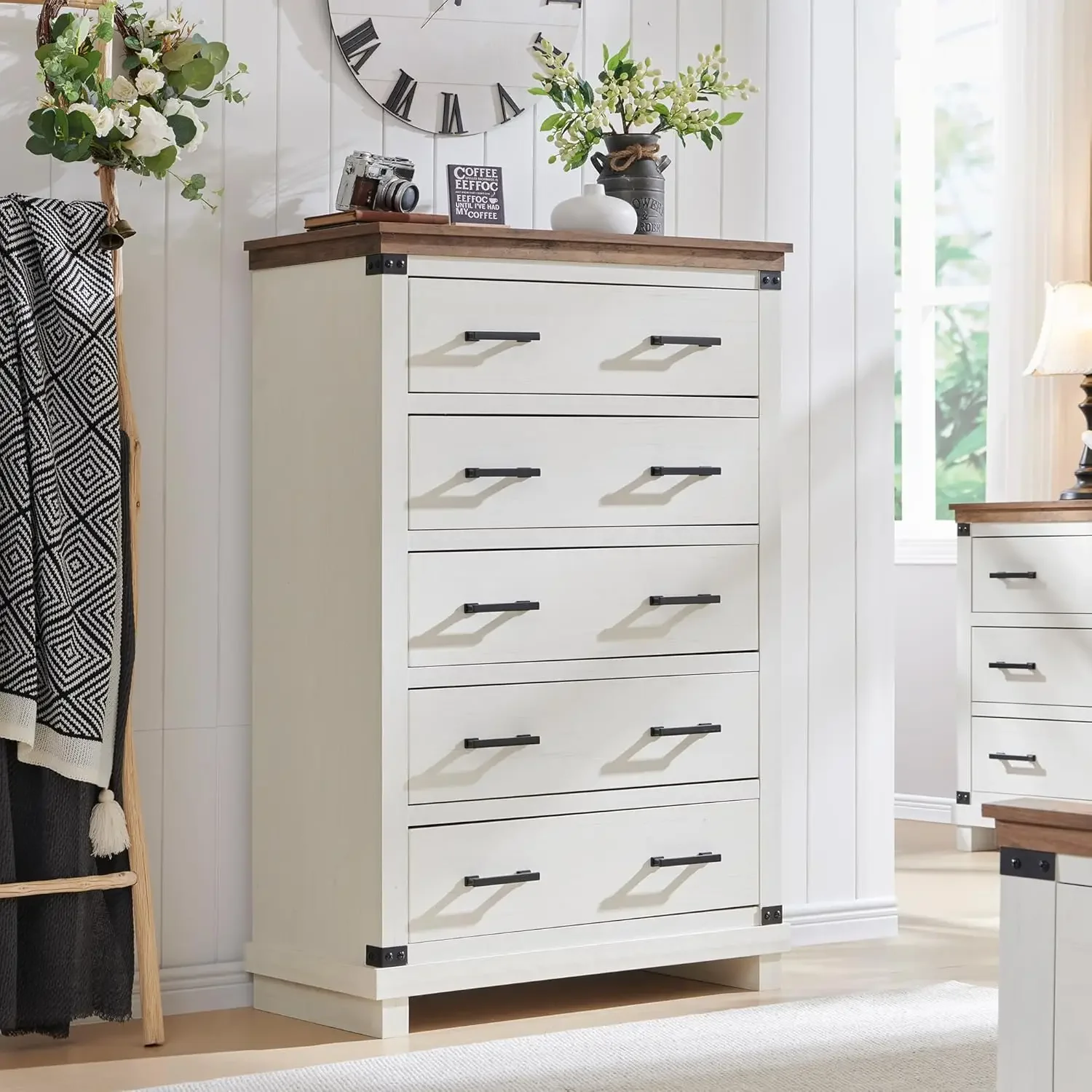 Dresser, Wood Tall Chest of Drawers with Thick Plank Styling, Rustic Closet Dresser for Bedroom, Living,Antique White