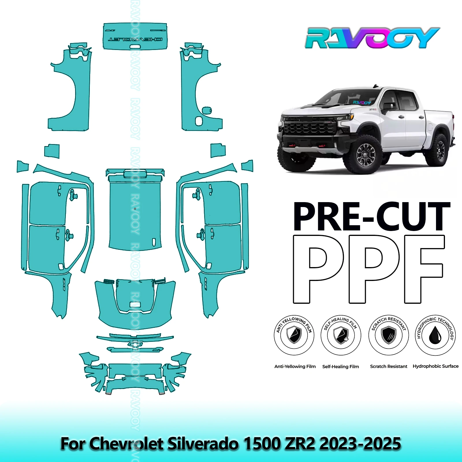 Car Precut PPF Paint Protection Film Full Vehicle For Chevrolet Silverado 1500 ZR2 2023-2026 8.5mil Clear Bra Self-Healing TPU