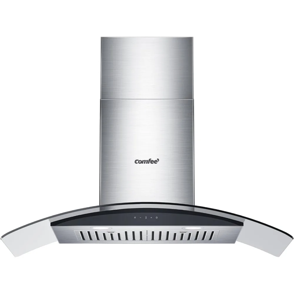 Curved Glass Range Hood 36 Inch 450 CFM 3 Speed Gesture Sensing &Touch Control Panel Stainless Steel Kitchen Ductless