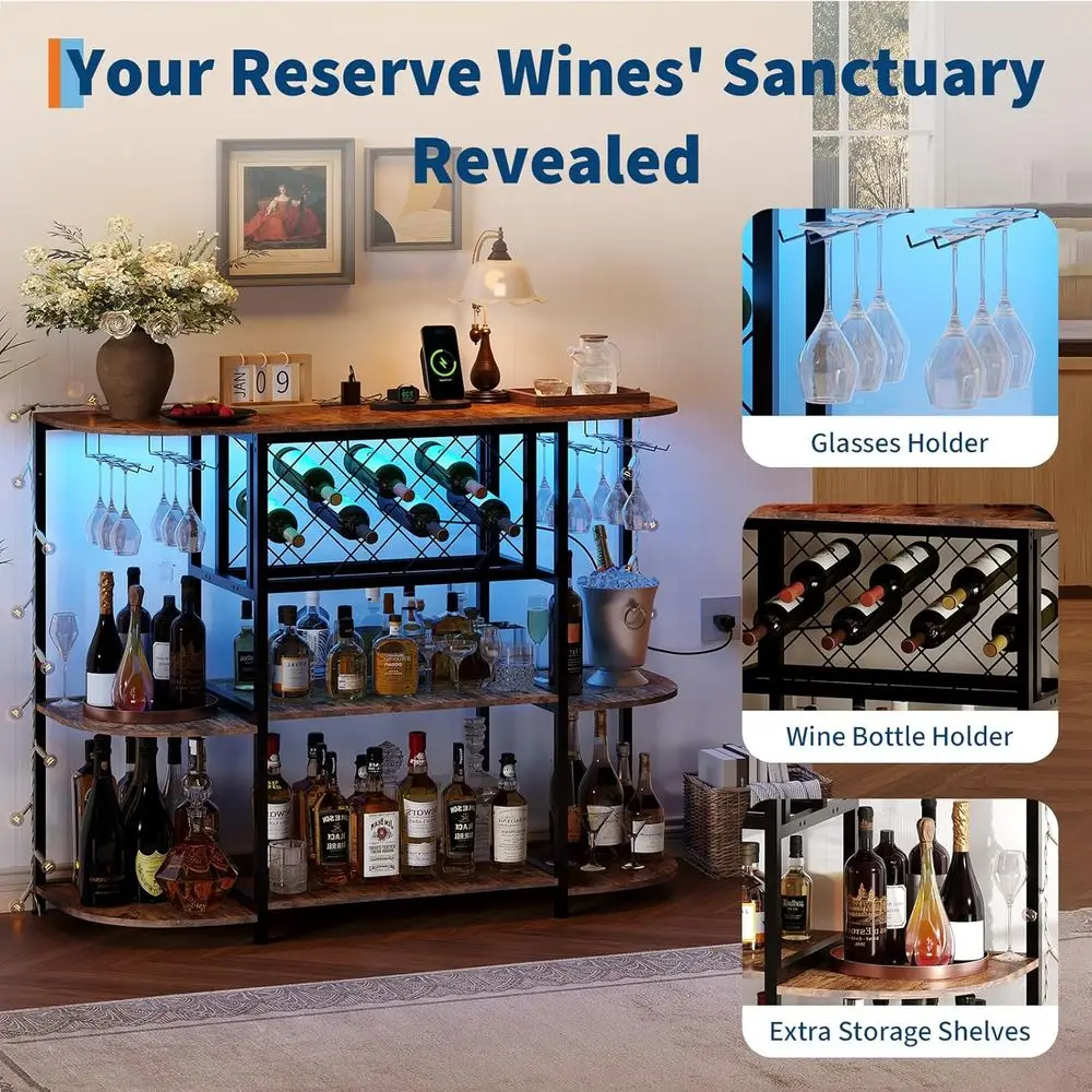 47,2 metalen thuisbarwagen met LED-verlichting, stopcontact, opbergruimte met 4 niveaus, wijnrekken en glazen houder