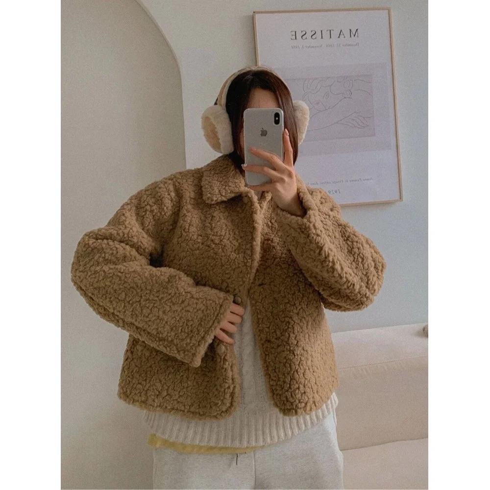 

Faionable Winter ort Lamb Fur Jaet Single Button Turn-down Collar Age-defng Outerwear Korean Sle Women's Coat