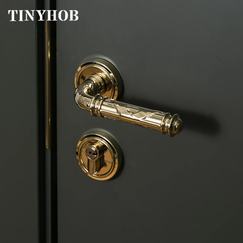 Tinyhob Brass Door Lock Set Bright Gold Bedroom Room Door Handle Solid Brass Lock Hardware Double Wood Door Lever Indoor