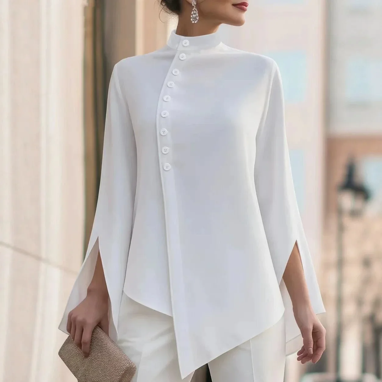 Elegant Irregular Hem Slit Tops Shirts Women Button O-neck Loose Long Sleeve Shirt Spring Autumn Chic Lady T-shirt Office Blouse