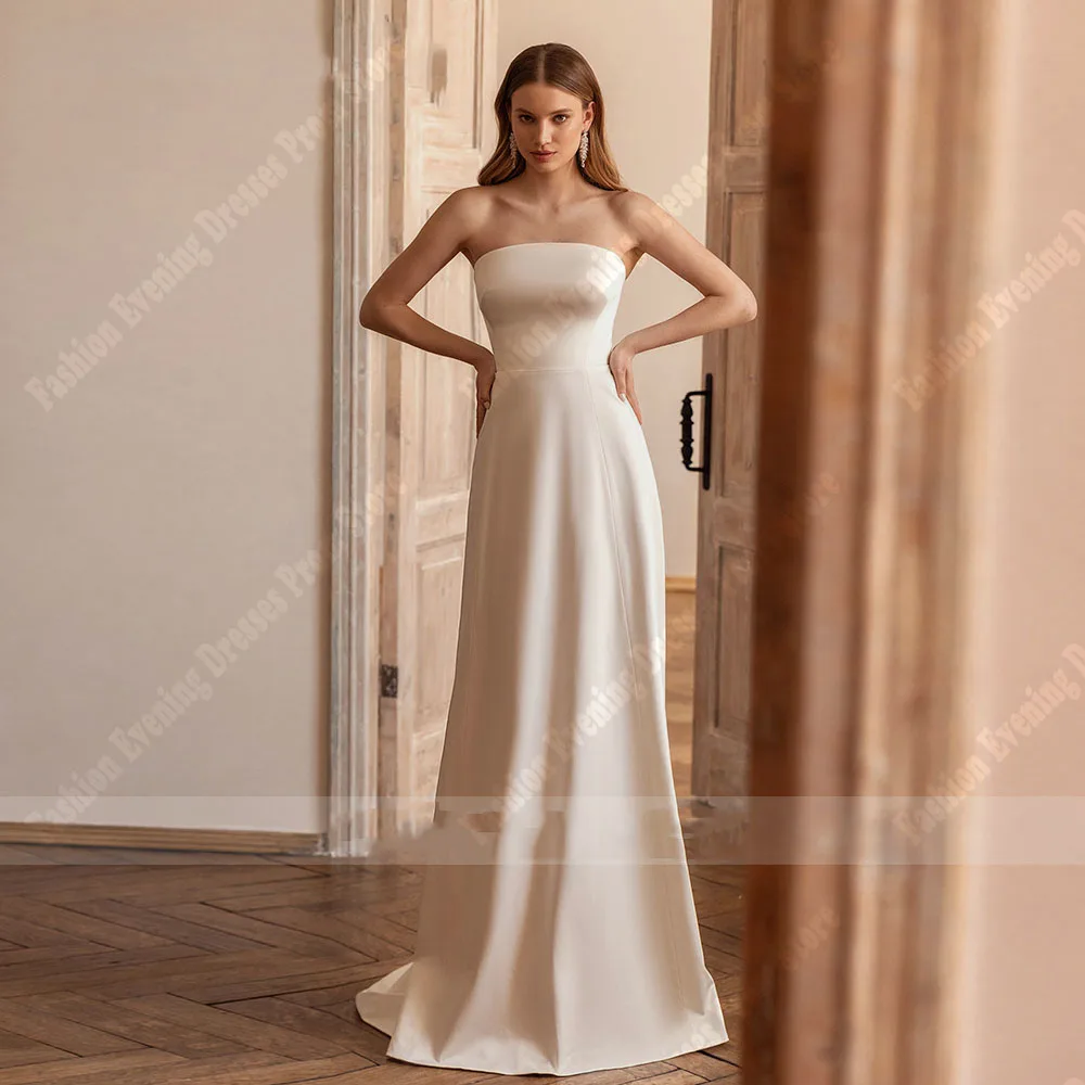 Simple And Elegant Backless Wedding Dresses Classical Satin Surface A-Line Engagement Banquet Floor Mopping Vestidos De Novias