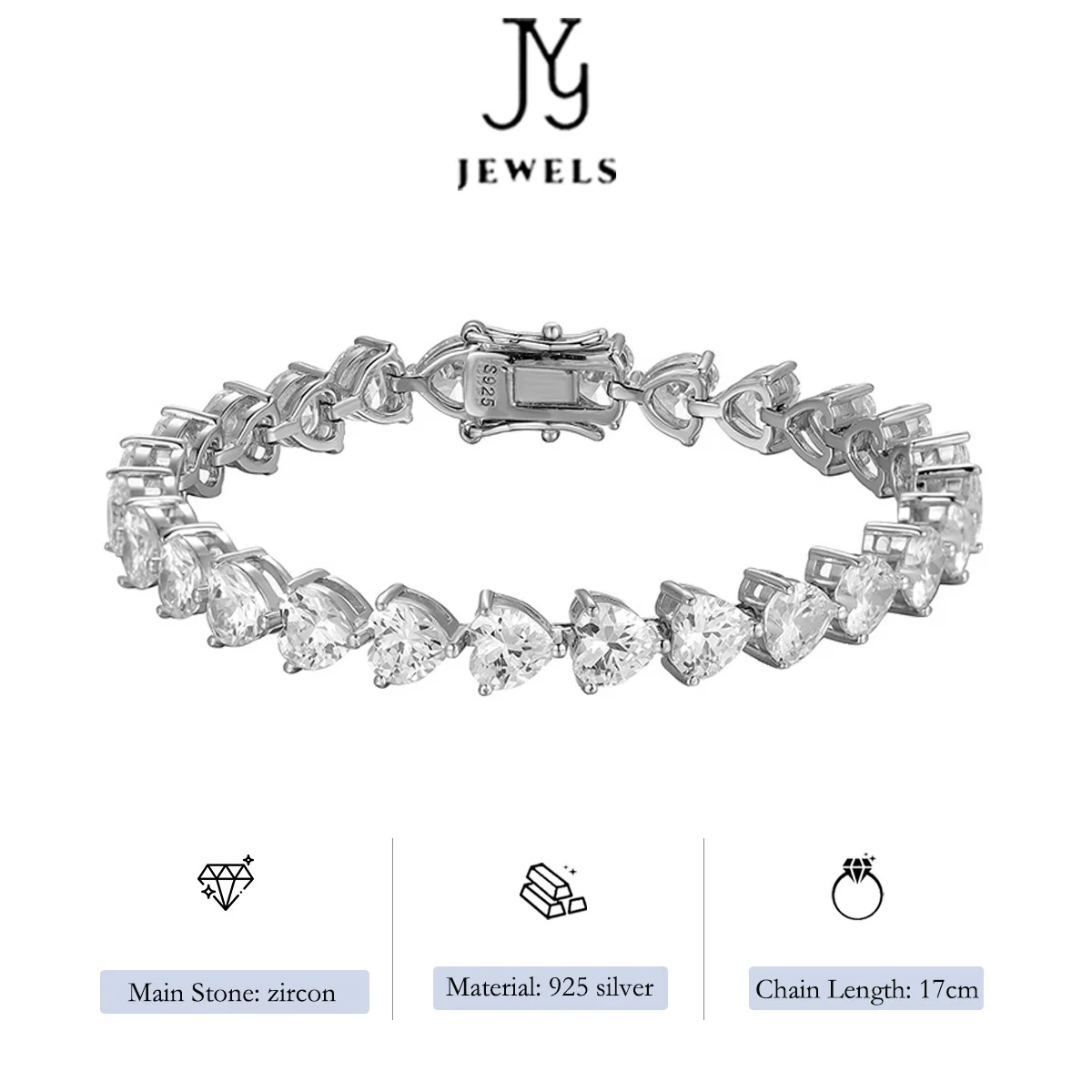 【JYJZZ162】s925 silver 17cm long love bracelet simple fashion trend full heart zirconia jewelry.