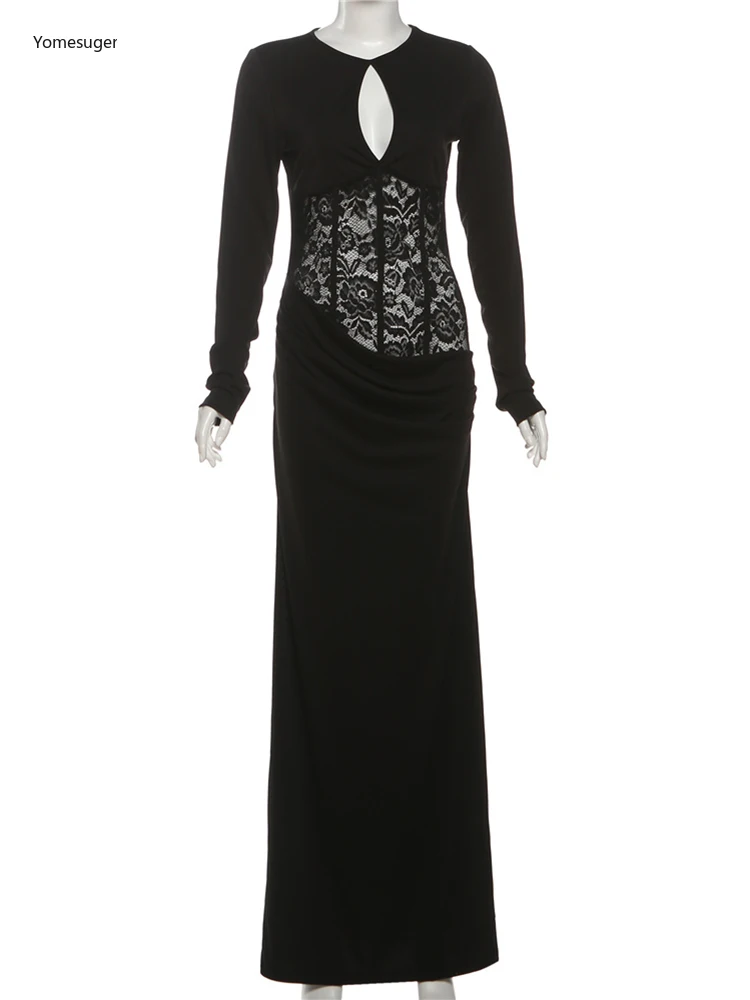 Elegancka sukienka maxi Yomesugar z żakardową koronką, czarna, damska, seksowna, z wycięciem na biuście, marszczona, obcisła, wieczorowa, na studniówkę, imprezę, do klubu.