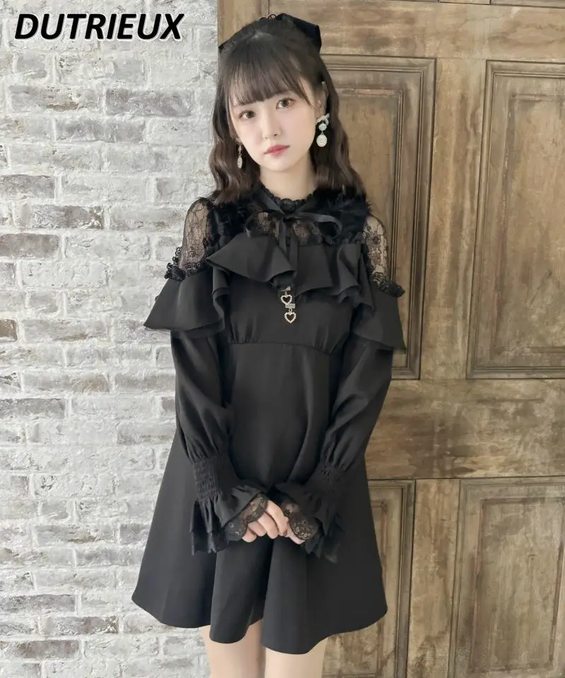 Vestidos de manga larga bonitos y dulces de Color liso para mujer, vestido informal con cuello empalmado y volantes de encaje con lazo y hombros descubiertos para primavera y otoño