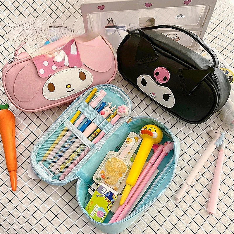 New Sanrio Kuromi Melody Large-capacity Portable PU Leather Stationery Box Student Cartoon Hello Kitty Storage Pencil Case