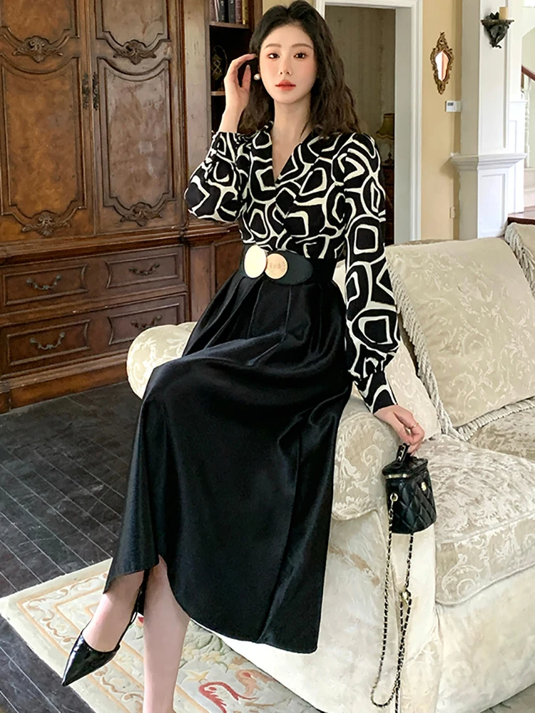春黒サテンパッチワークプリントシックなドレス女性エレガントなボディコン包帯ロングドレス 2025 韓国ヴィンテージヘップバーンフェスティバルローブ