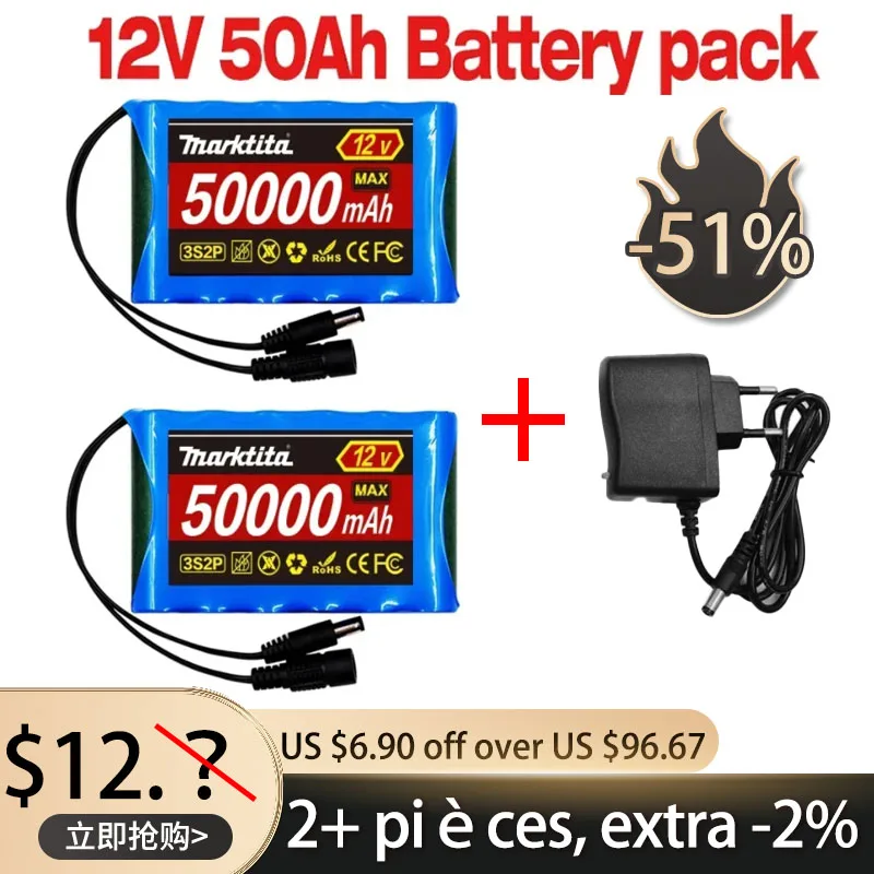 18650 3S2P 12V 50000mah Original Lithium Ion Battery DC 12.6V 50Ah Rechargeable CCTV, Camera Monitor Replacement Battery+Charger