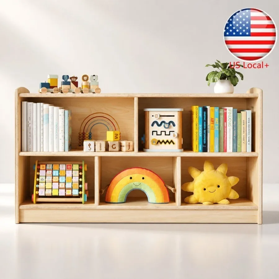 Montessori shelf for kids room: birch plywood, natural wood color, rounded edges and low height for safe, independent toy and b