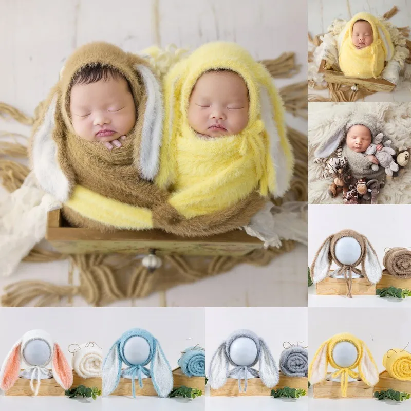 2023Newborn fuzzy bunny hat with wrap for newborn photography props,soft blanket for baby photo shoot