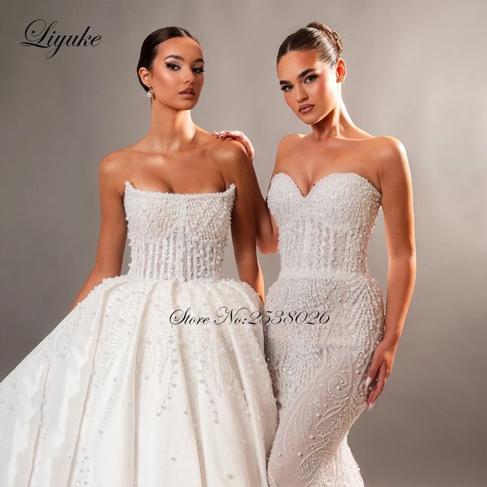 Liyuke Custom Made Luxury Full Of Beading Pearls Ball Gown Wedding Dresses Embroidery Lace Off Shoulder Sleeveless Bridal Gowns image 5