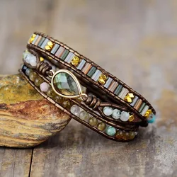 Boho Natural Stone Beads Multilayer Leather Pear Shaped Labradorite Healing Crystal Protection Wrap Bracelet for Women