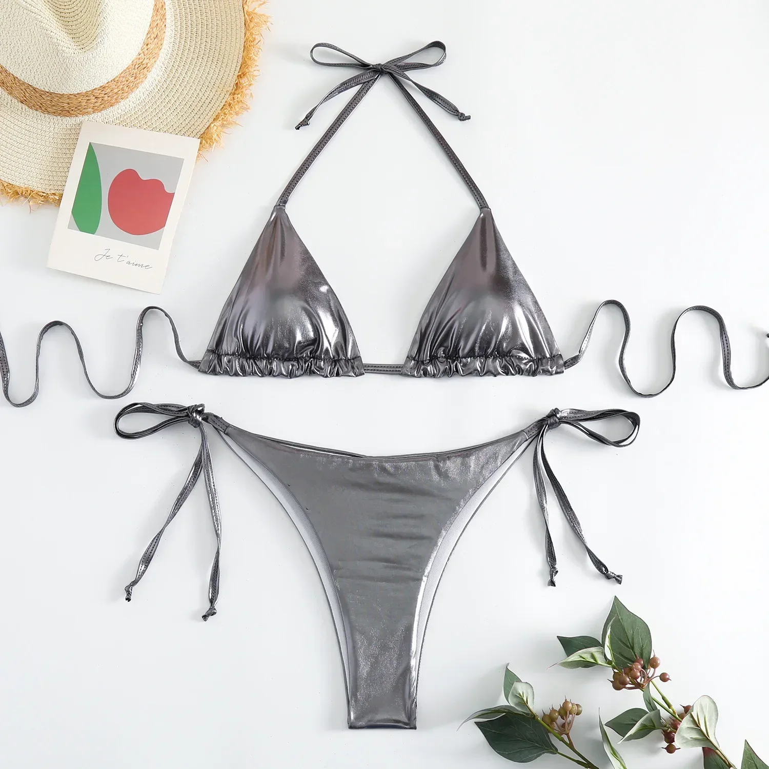 

Sexy Gold Silver Red Strings Bikini 2024 Women Swimsuit Female Swimwear Thong Bikinis Set Brazilian Beach Bathing Suit Biquini