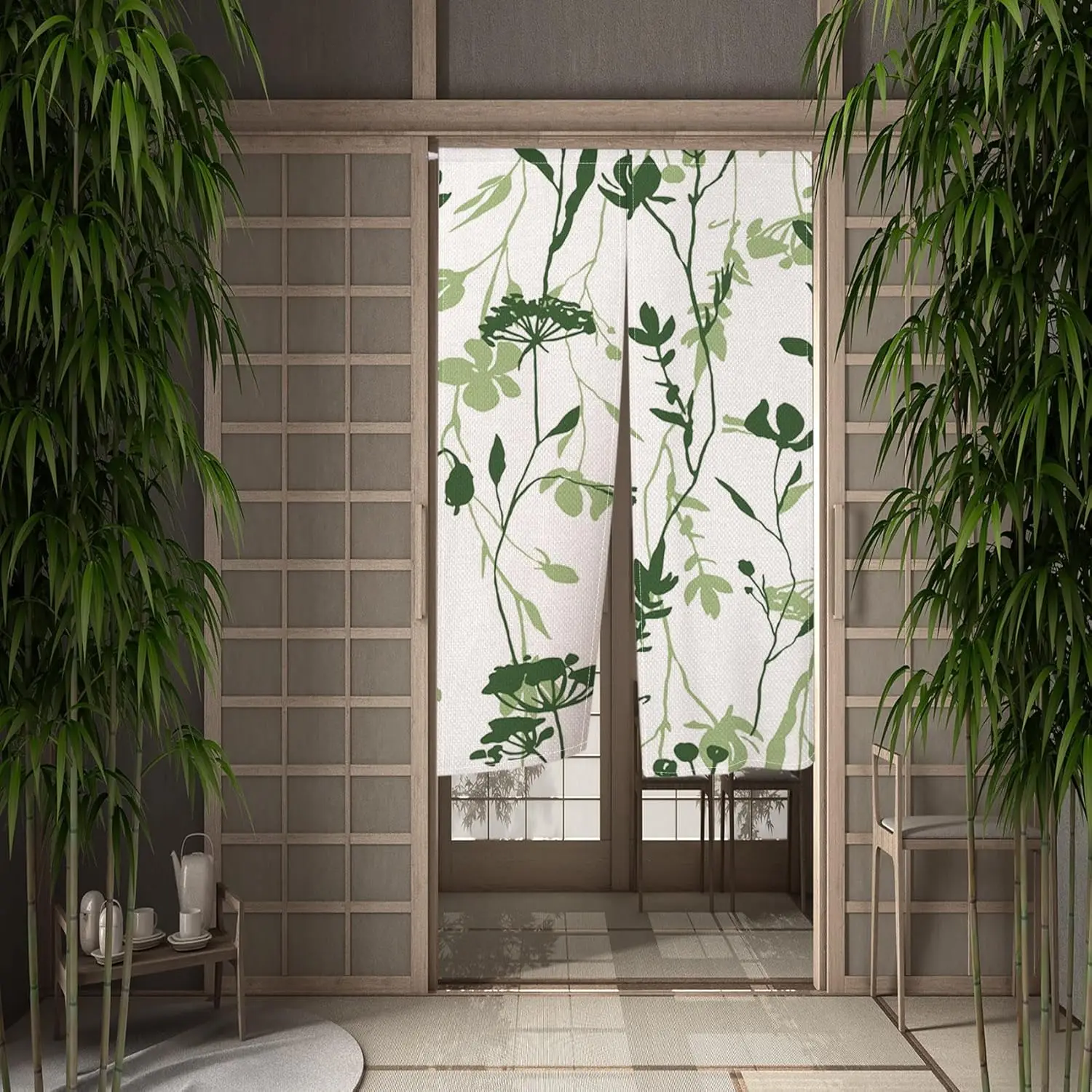 Japanese Noren Doorway Curtain Japanese Style Green Plants Printed Window Treatment Door Tapestry Privacy Partition Divider