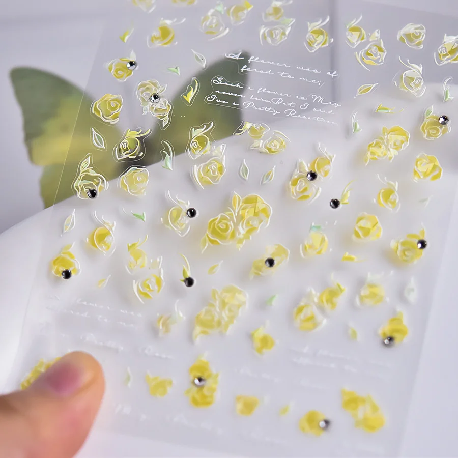 Jelly Flower Yellow Rose Crystal Rhinestones Pearl Embossed Relief Adhesive Nail Art Sticker Manicure Decal