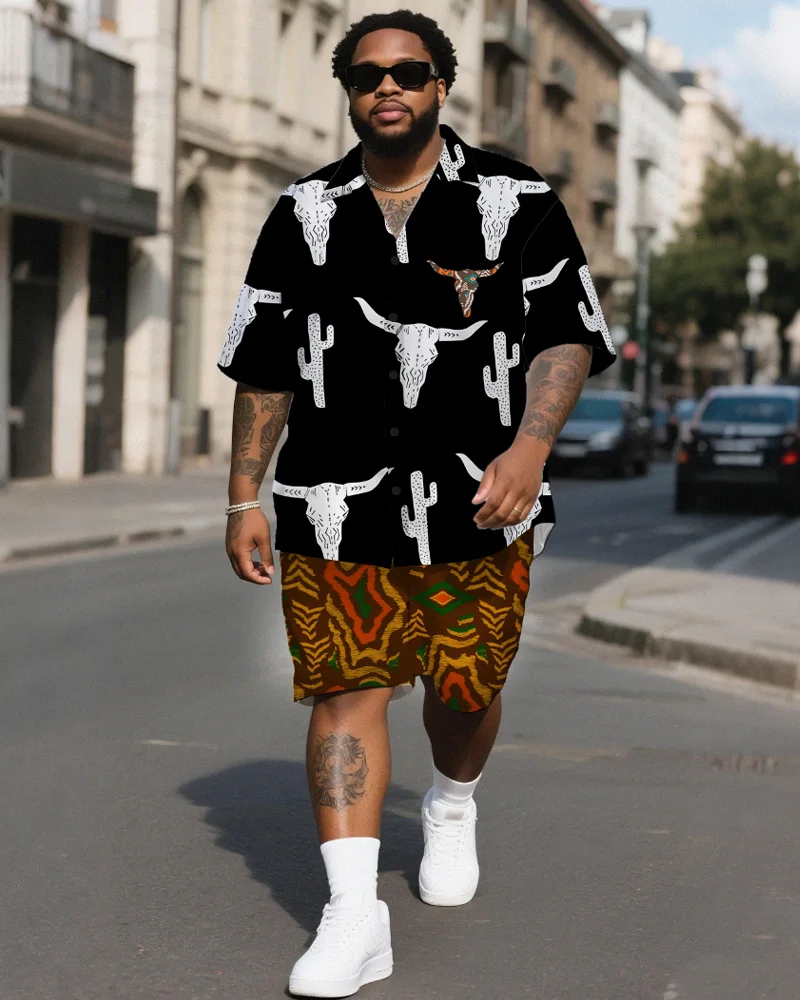 

S-9XL Мужская винтажная рубашка с короткими рукавами и шортами больших размеров с ковбойским принтом, комплект из 2 предметов, свободный крой в западном стиле, летний комплект