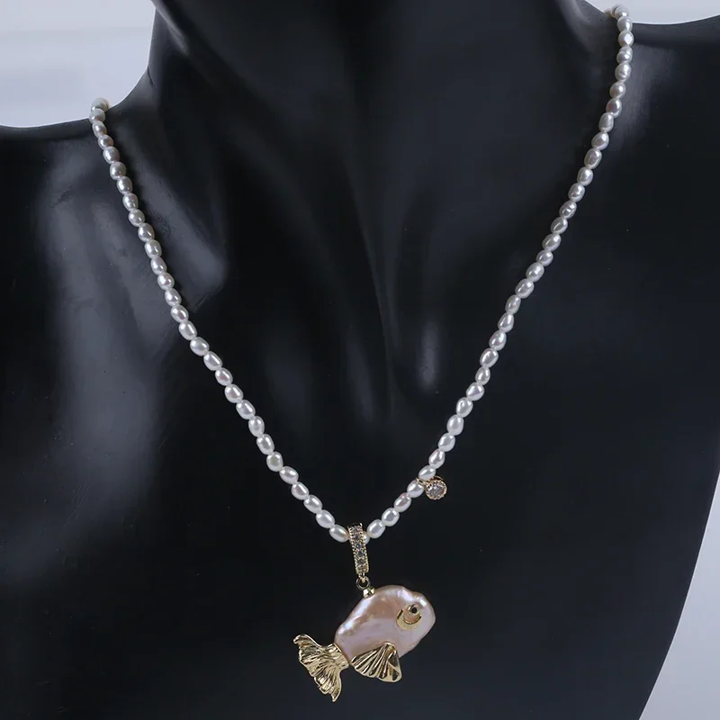 New design pink Keshi pearl with 3mm white rice shape natural freshwater pearl string cute fish handmade necklace