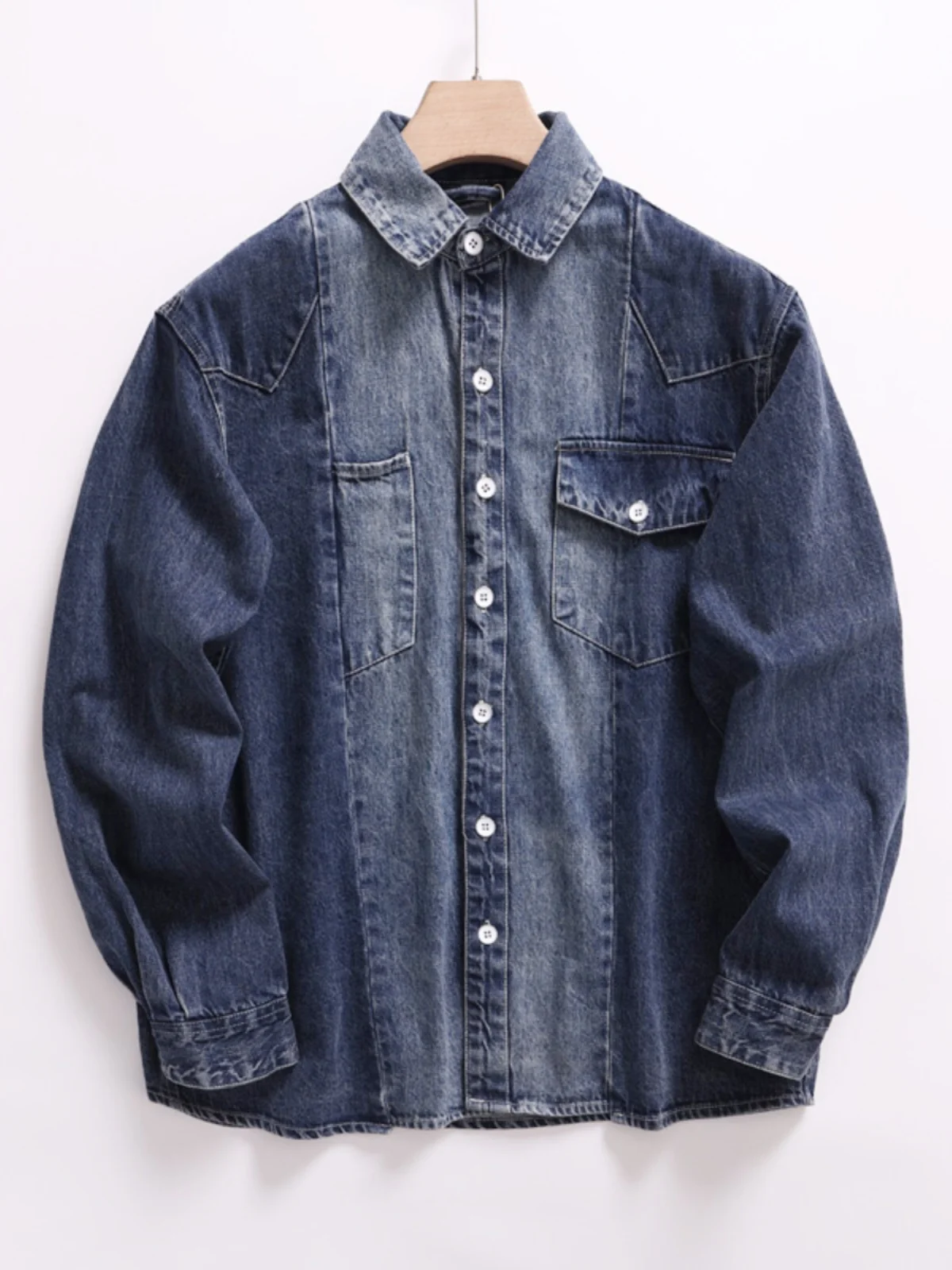 

Heavyweight Cotton Workwear Waed Distred Splicing Loose Casual Denim Jaet Men's Spring Faion Turn-down Collar Jaet...