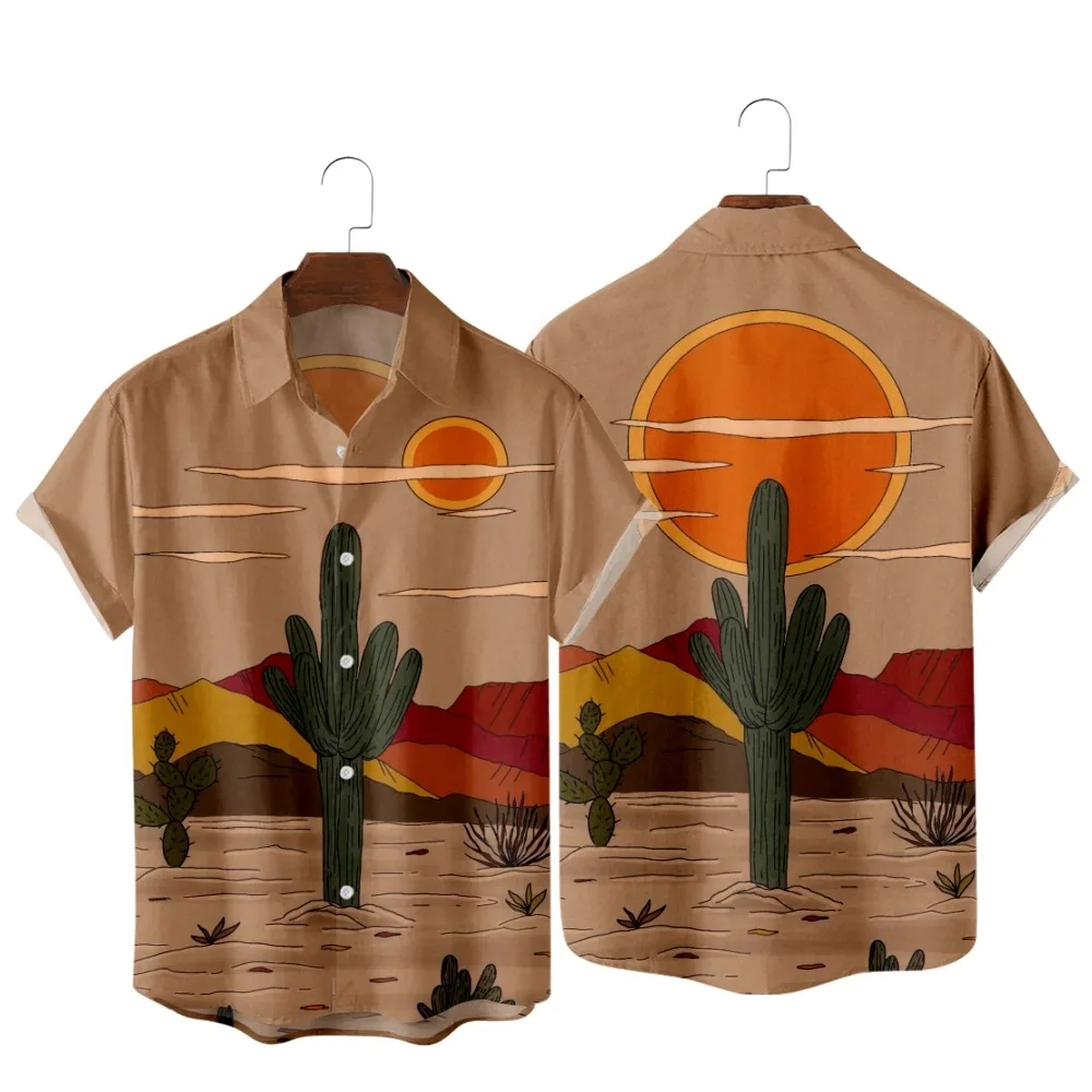 

Cactus Desert Landscape Vintage Print Shirt Fashion Casual Vacation Hawaiian Beach Summer Pocket Shirts for Men and Women