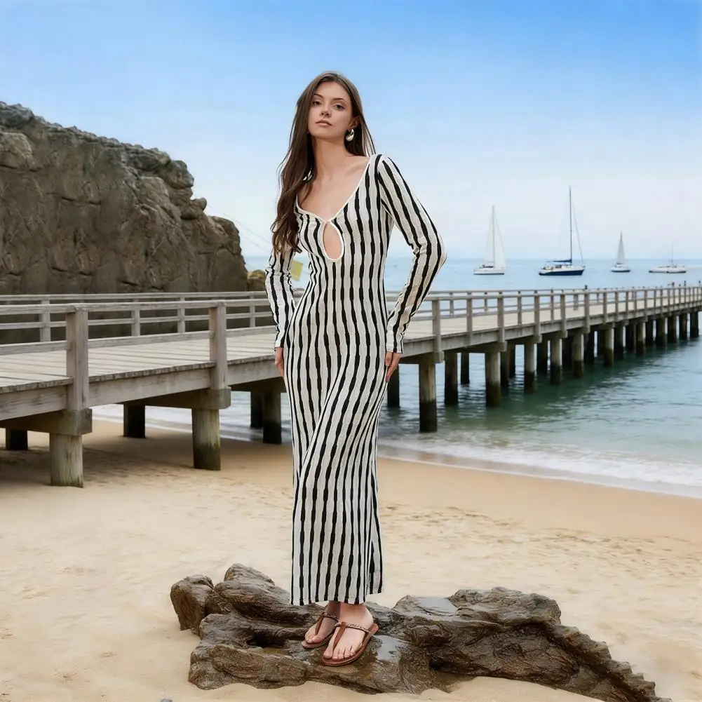 

Пляжная юбка-накидка женская повседневная для отпуска, в полоску, для бикини, защита от солнца, платье-накидка для плавания