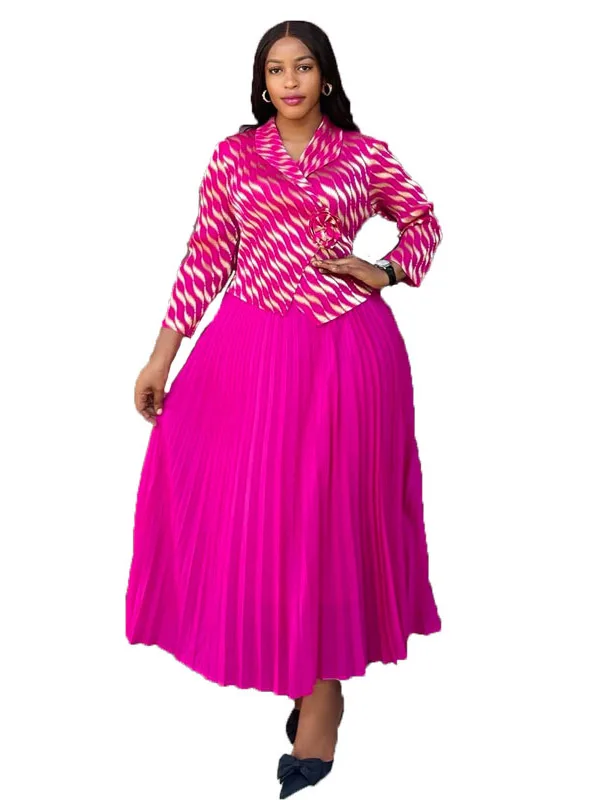 Rican Accordéon Fold Long Sve Col rabattu Décoration florale Faux deux pièces Impression dorée Longue Dr Ele Haute Wa...