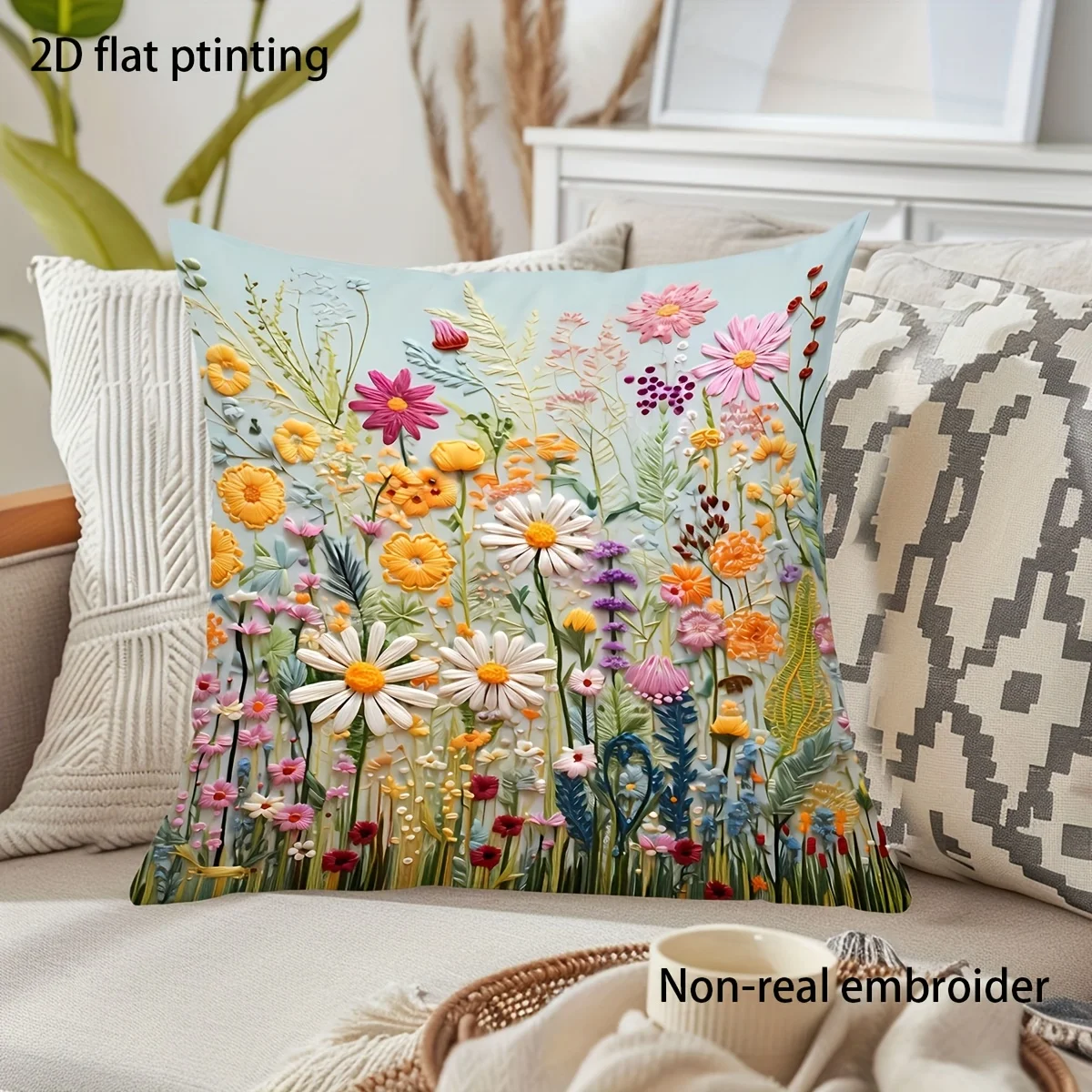 1pc flower printed pillowcase Soft square pillowcase Elegant vintage style Living Room Bedroom home decoration