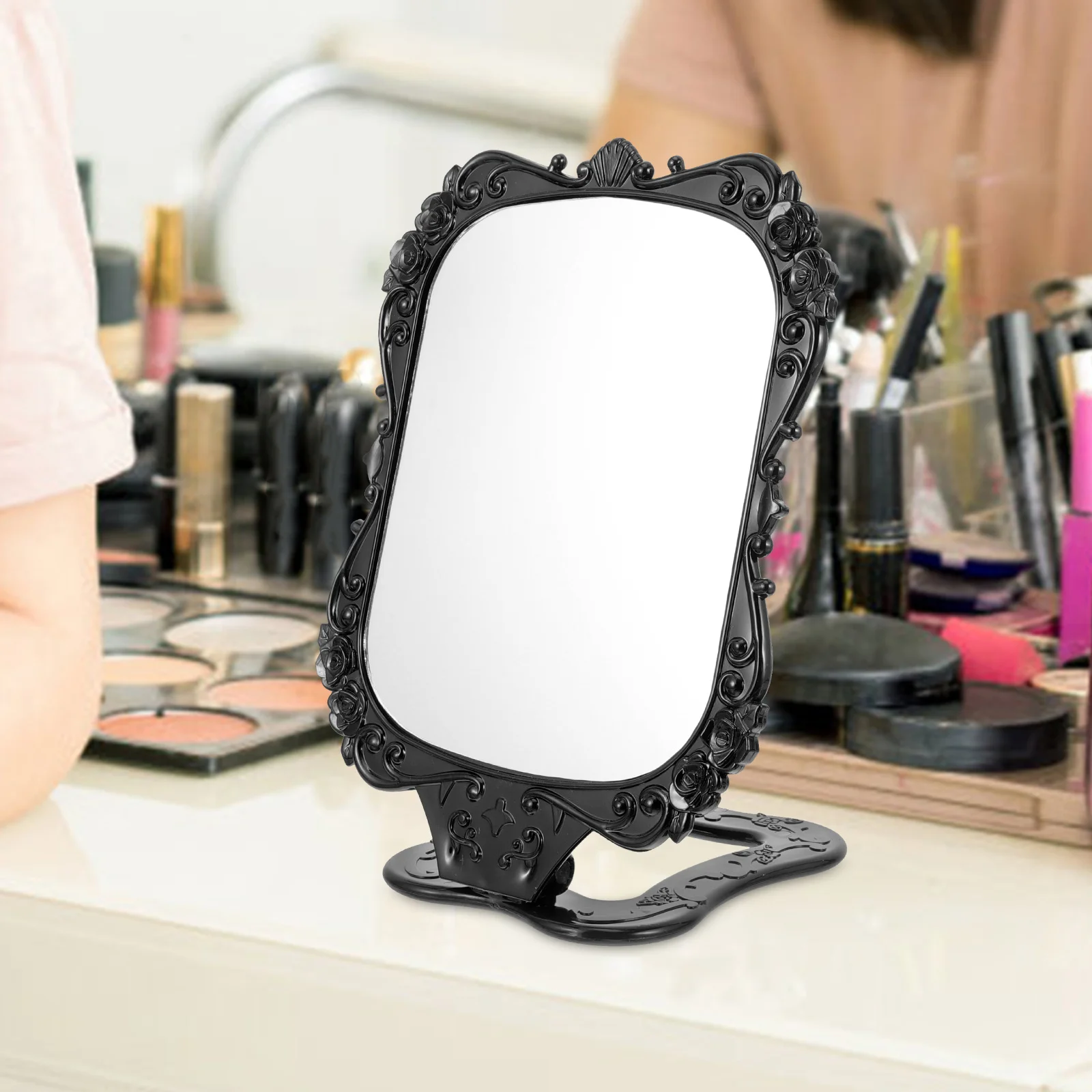 مرآة مكياج أنيقة قابلة للطي، انعكاس واضح عالي الجودة مع تصميم أوروبي عتيق مثالي لسطح المكتب والحمام أثناء السفر #2
