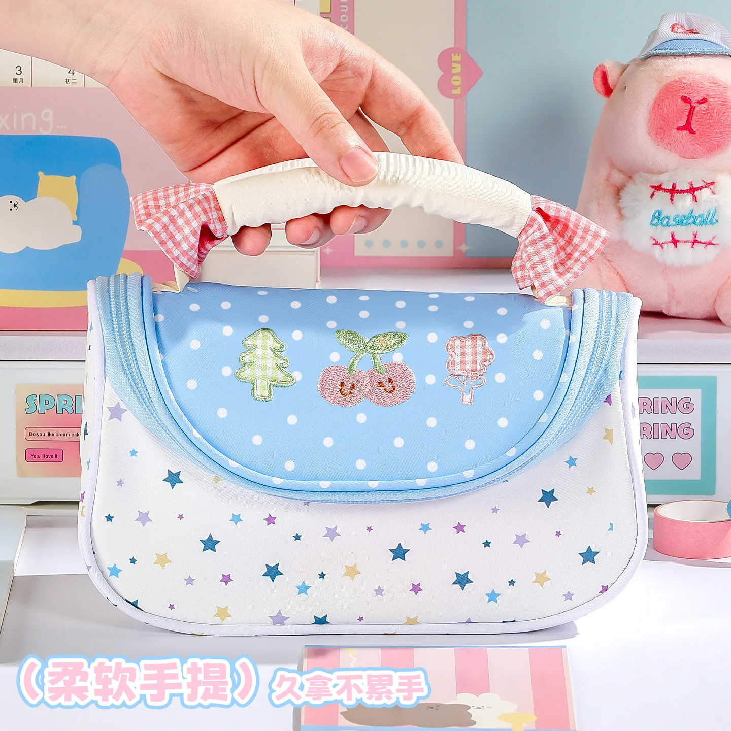 Cute Flip Pocket Pencil Case Cherry Tree Embroidery Pencil Bag Large Space Stationery Storage Pouch for Teen School Supplies
