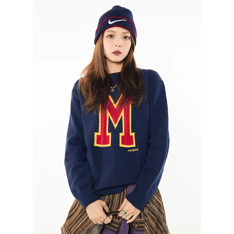 Women Navy Blue Sweater Letter Fashion Vintage Leisure Lazy Wind Winter Cashmere Thicken Warm Long Sleeve Knitting Pullover