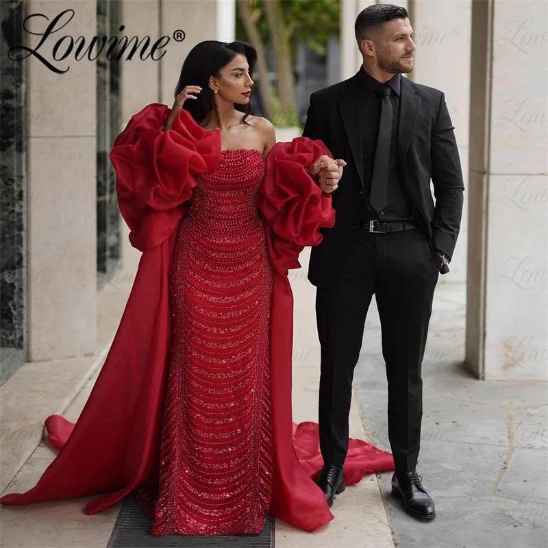 Two Piece Red Celebrity Dresses 2024 Couture Beaded Prom Dress Strapless Cape Sleeves Mermaid Wedding Party Dress Evening Gowns