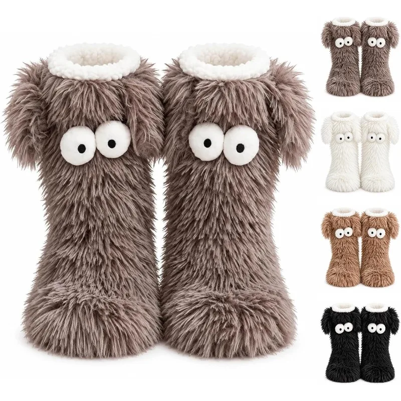 Women Cartoon Monster Fluffy Slipper Socks, Non-Slip Fleece Lined Thermal Lounge Socks, Gift Stocking Fillers for Her