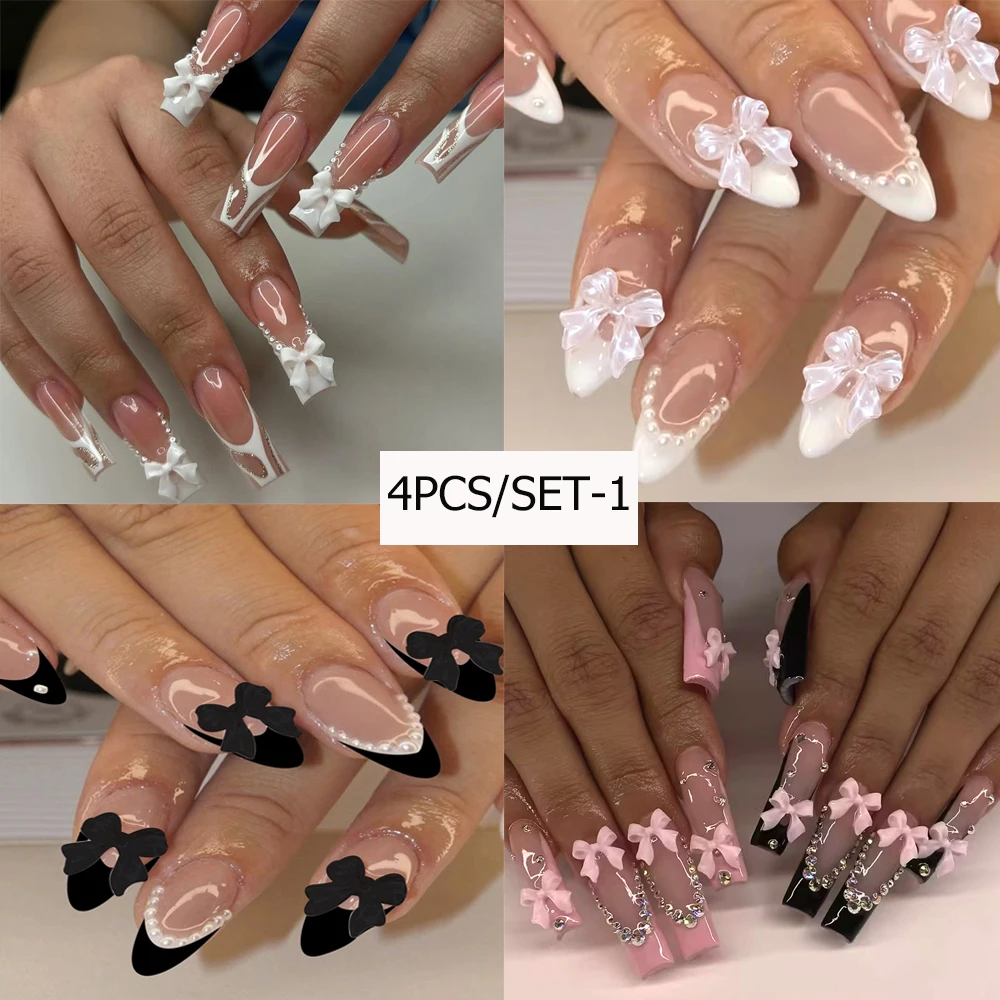 Longo Caixão Imprensa Sobre Unhas, Rosa Imprensa Sobre Unhas, Ballectcore, Unhas Bowknot, Imprensa Falsa Em Unhas, 4Set