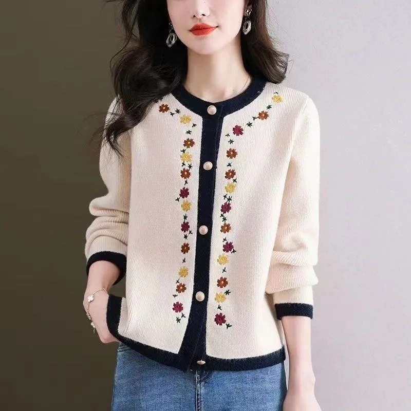 Cardigan brodé pour femmes, pull décontracté, col rond, manches longues, court, tricoté, sauvage, doux, nouvelle collection printemps automne