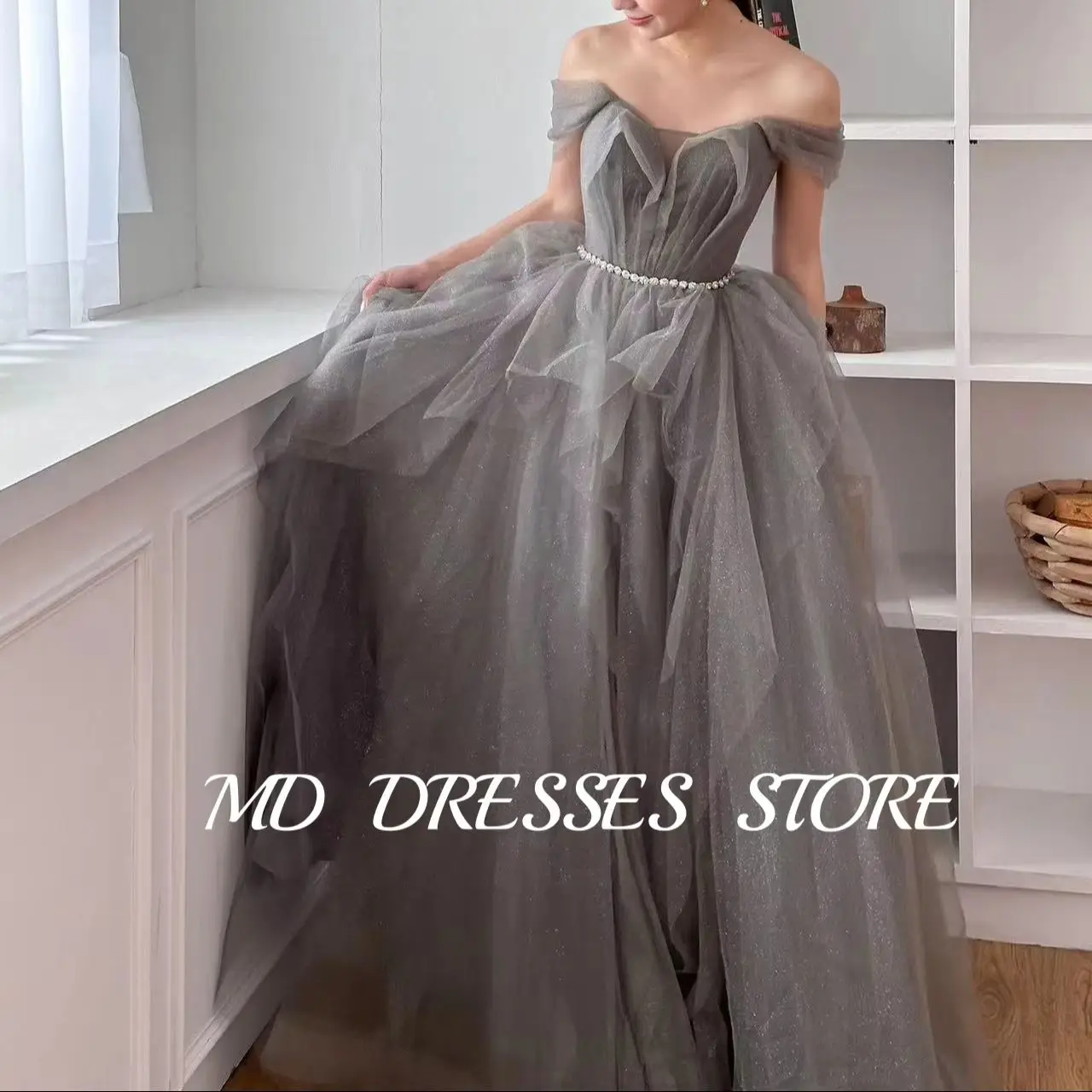 

MD Simple Grey Wedding Dresses A-line Tulle Off Shoulder Pleat Korea PhotoShoot Floor-Length Prom Gown Customised Evening Gown