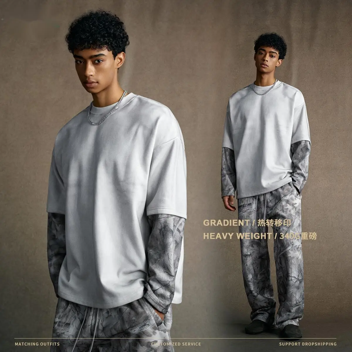 

Men's Clothing 2025 Autumn Trendy Brand Spray Color Camouflage Color-Block Fake Two-Piece Loose Long Sleeve T-Shirt Fashion I65B