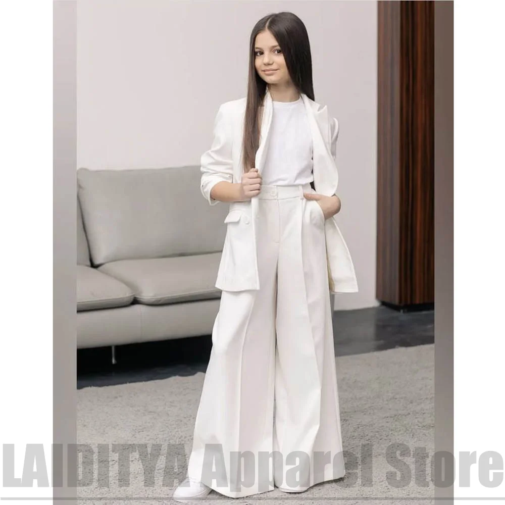 Girls White Double Breasted Blazer Suit Wide Leg Pants Kids Formal Wedding Banquet Birthday Party Daily Fashion Clothes 2 Piece