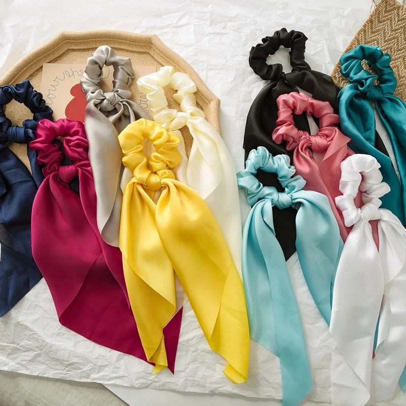 Fashion Solid Knotted Satin Long Hair Rope Korean Hair Ties For Women Ponytail Scarf Sweet Elastic Hair Band Hair Accessories