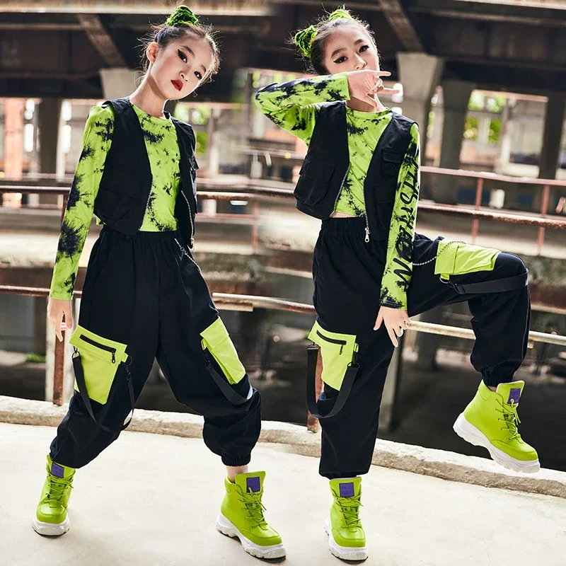 

Hip Hop Dance Clothes For Girls Green Crop Tops Vest Cargo Pants Kids Catwalk Modern Jazz Performance Wear Stage Costume BL7300