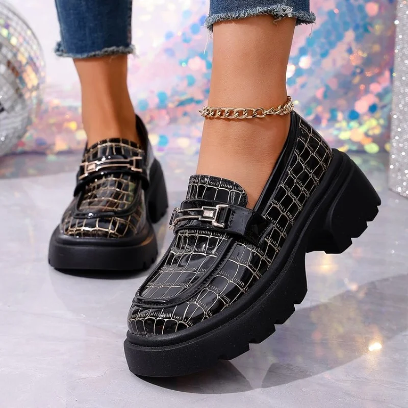 

Comfortable Thick Heel round Toe Women's Slip-On Shoes Spring New Style British Style Versatile Leather Shoes Fashionable Wat...