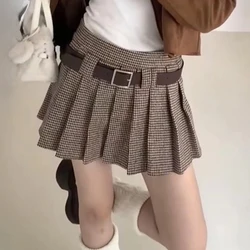 Women Houndstooth Pleated Mini Skirt with Belt Woolen Plaid Skirt Teen-girl Fall Winter Y2K Outfit