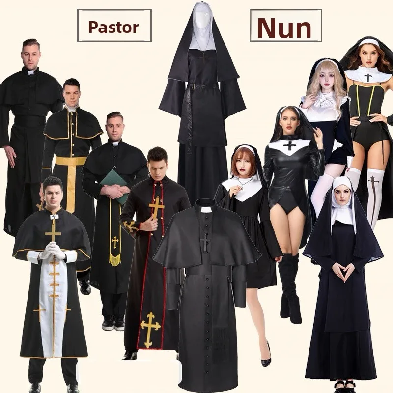 Loween – tenue de spectacle sur scène pour couple, Costume de prêtre pour hommes, ensemble d'habitudes de nonne en Fiber de Polyester 00%