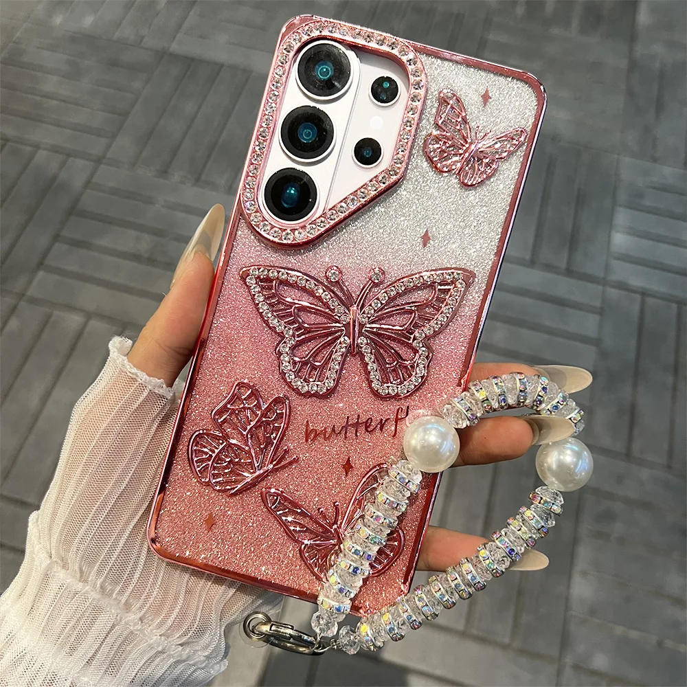 3D Glitter Diamond Butterfly Gradient Plating Phone Case For Samsung S26 Ultra S25 S24 FE S23 Plus A26 A16 Shockproof Back Cover